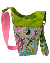 Load image into Gallery viewer, Pink and Lime Green Seahorse Crossbody Water Bottle Bag w/Cell Phone Pouch, Zipper Pocket and Key Wristlet