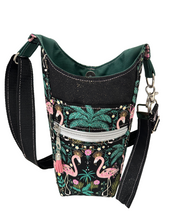 Load image into Gallery viewer, Flamingos and Palms Crossbody Water Bottle Bag w/Cell Phone Pouch, Zipper Pocket and Key Fob