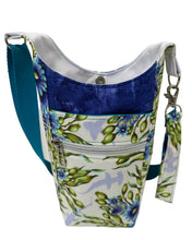Load image into Gallery viewer, Sharks (Deep Blue/Teal) Crossbody Water Bottle Bag w/Cell Phone Pouch, Zipper Pocket and Key Wristlet