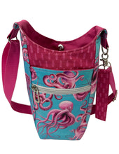 Load image into Gallery viewer, Pink Octopus Crossbody Water Bottle Bag w/Cell Phone Pouch, Zipper Pocket and Key Wristlet