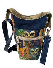 Load image into Gallery viewer, Owls Crossbody Water Bottle Bag w/Cell Phone Pouch, Zipper Pocket and Key Wristlet