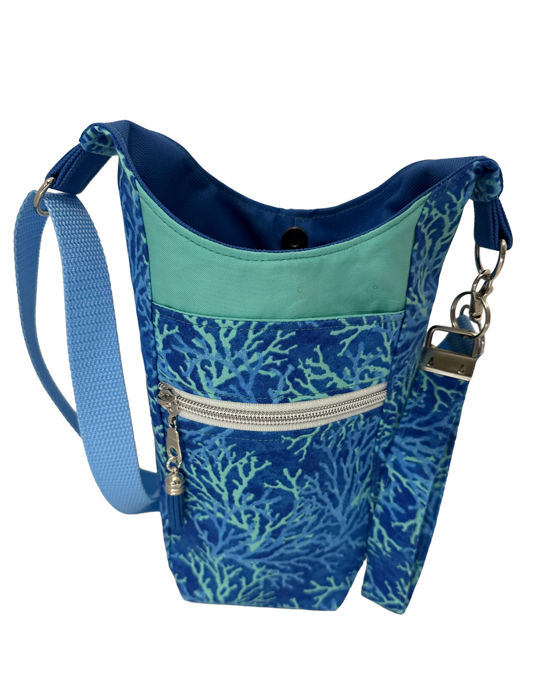 Blue Corals Crossbody Water Bottle Bag w/Cell Phone Pouch, Zipper Pocket and Key Fob