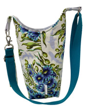 Load image into Gallery viewer, Sharks (Deep Blue/Teal) Crossbody Water Bottle Bag w/Cell Phone Pouch, Zipper Pocket and Key Wristlet
