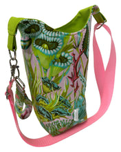 Load image into Gallery viewer, Pink and Lime Green Seahorse Crossbody Water Bottle Bag w/Cell Phone Pouch, Zipper Pocket and Key Wristlet
