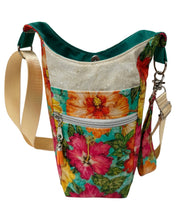 Load image into Gallery viewer, Hibiscus Crossbody Water Bottle Bag w/Cell Phone Pouch, Zipper Pocket and Key Wristlet
