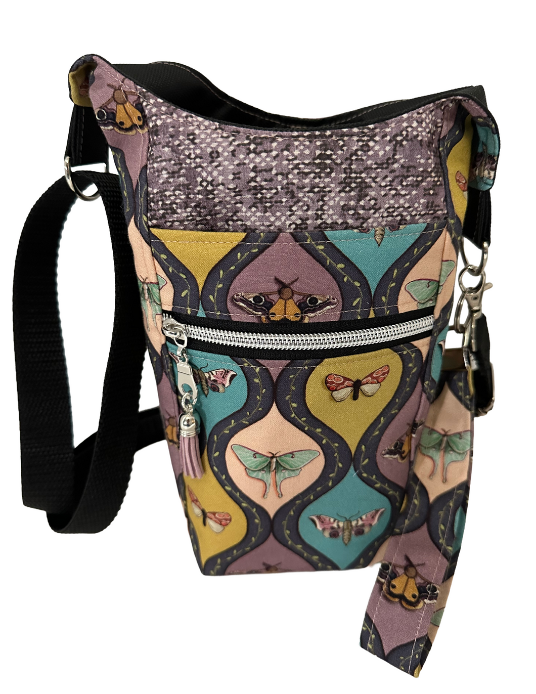 Beautiful Moths Crossbody Water Bottle Bag w/Cell Phone Pouch, Zipper Pocket and Key Fob