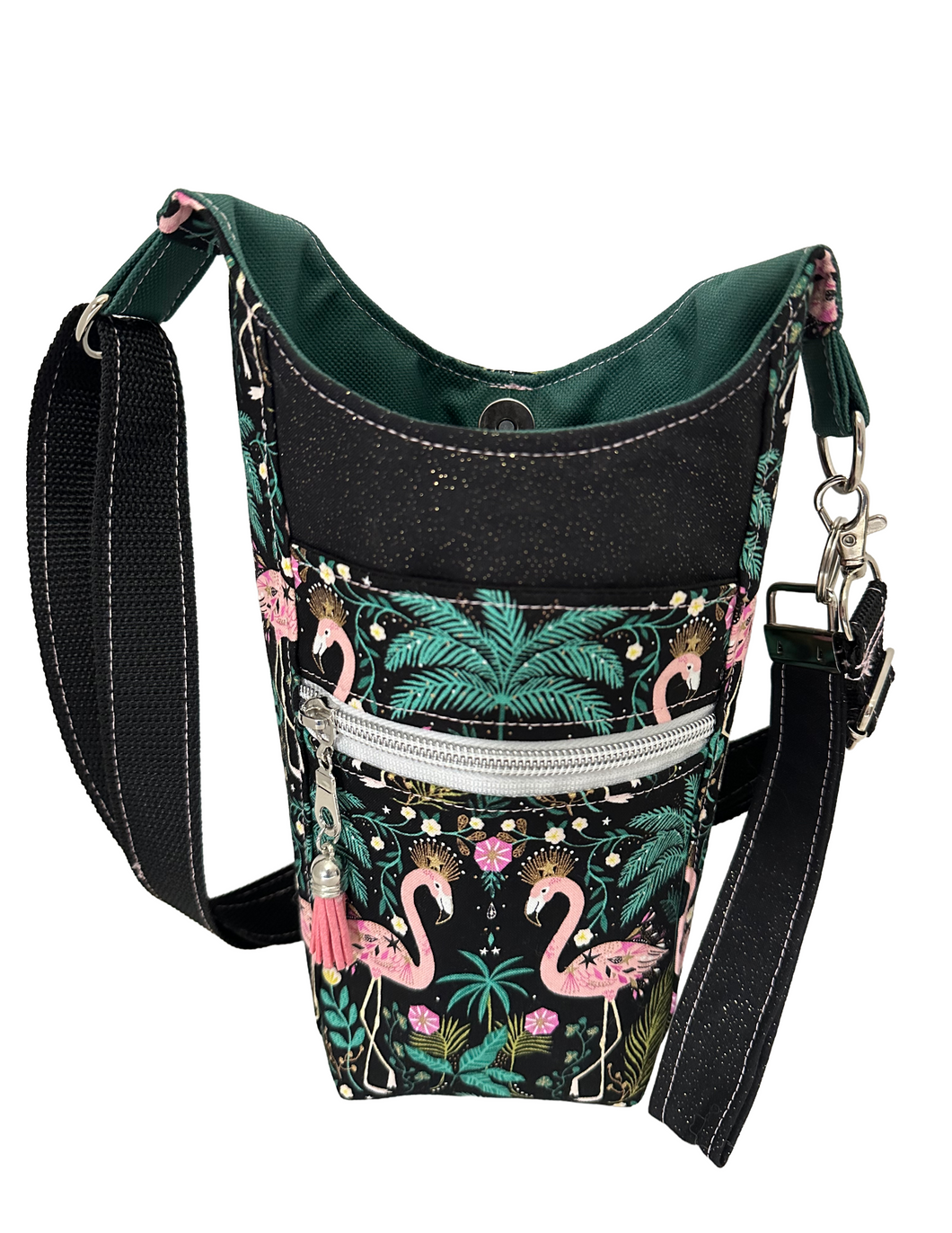 Flamingos and Palms Crossbody Water Bottle Bag w/Cell Phone Pouch, Zipper Pocket and Key Fob