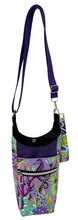 Load image into Gallery viewer, Purple Seahorse Crossbody Water Bottle Bag w/Cell Phone Pouch, Zipper Pocket and Key Wristlet
