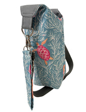 Load image into Gallery viewer, Blue and White Sea Life Crossbody Water Bottle Bag w/Cell Phone Pouch, Zipper Pocket and Key Fob
