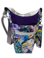 Load image into Gallery viewer, Peacocks Crossbody Water Bottle Bag w/Cell Phone Pouch, Zipper Pocket and Key Wristlet

