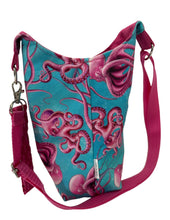Load image into Gallery viewer, Pink Octopus Crossbody Water Bottle Bag w/Cell Phone Pouch, Zipper Pocket and Key Wristlet
