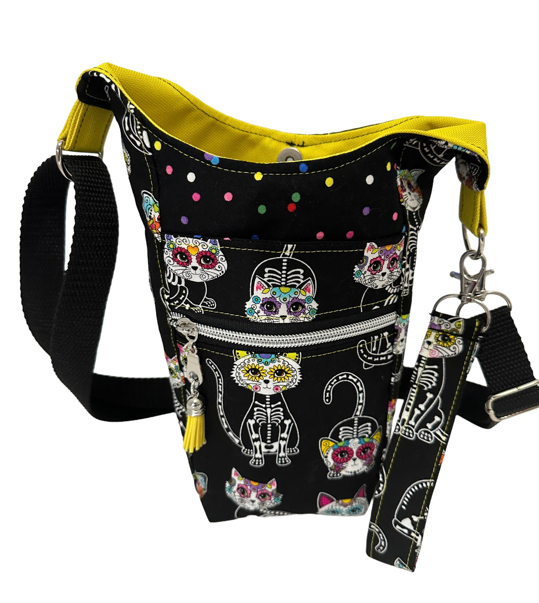 Halloween Cats Crossbody Water Bottle Bag w/Cell Phone Pouch, Zipper Pocket and Key Fob