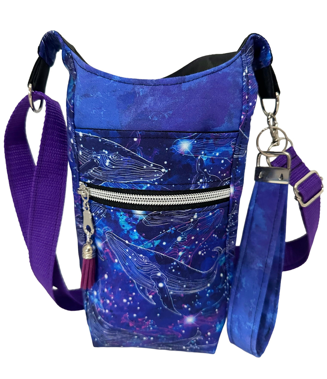 Majestic Whales Crossbody Water Bottle Bag w/Cell Phone Pouch, Zipper Pocket and Key Fob
