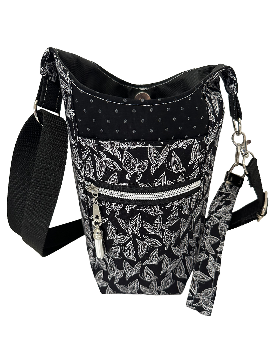 Butterflies Crossbody Water Bottle Bag w/Cell Phone Pouch, Zipper Pocket and Key Fob