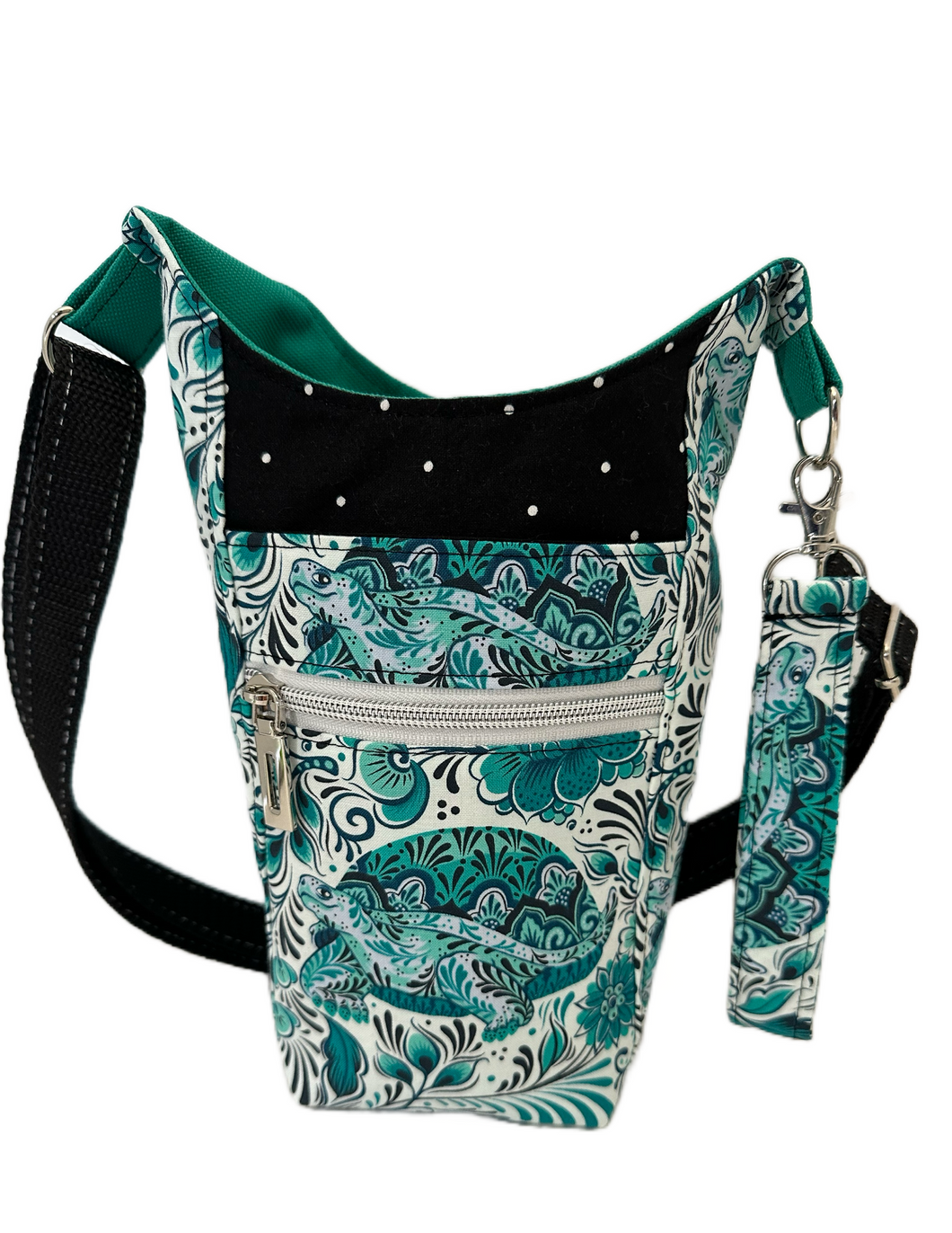Judy Winslow Custom - Teal Turtles Crossbody Water Bottle Bag w/Cell Phone Pouch, Zipper Pocket and Key Fob