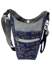 Load image into Gallery viewer, Neon Sharks Crossbody Water Bottle Bag w/Cell Phone Pouch, Zipper Pocket and Key Wristlet
