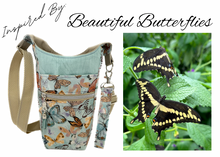 Load image into Gallery viewer, Garden Butterflies: Crossbody Water Bottle Bag w/Cell Phone Pouch, Zipper Pocket and Key Fob
