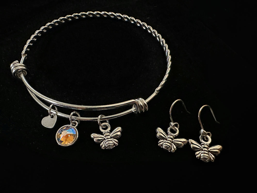 Bee Bangle Bracelet and Matching Earring Set